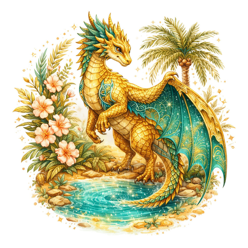 gold dragon, teal dragon, fantasy dragon, magical creature, golden yellow, teal green, cream white, peach flowers, palm tree, tropical, whimsical, enchanted, storybook, fantasy theme, dragon motif, floral design, nature scene, ornate scales, decorative wings, water feature, sparkles, stars, magical sparkles, elegant style, illustration art, fairy tale, adventure theme, exotic plants, landscaped scene