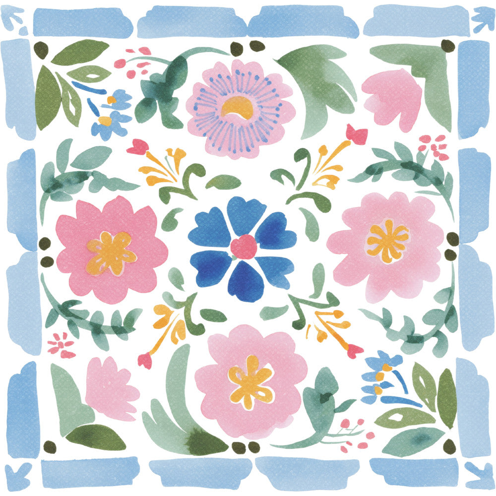 floral, botanical, pink flowers, blue flowers, yellow centers, sage green, dusty rose, cornflower blue, nature, spring, whimsical, hand-painted, watercolor, leaves, foliage, daisy, garden flowers, light blue border, playful, cheerful, cottage style, traditional, decorative panel, wall hanging, baby quilt, feminine, vibrant colors, nature-inspired, folk art, pastoral