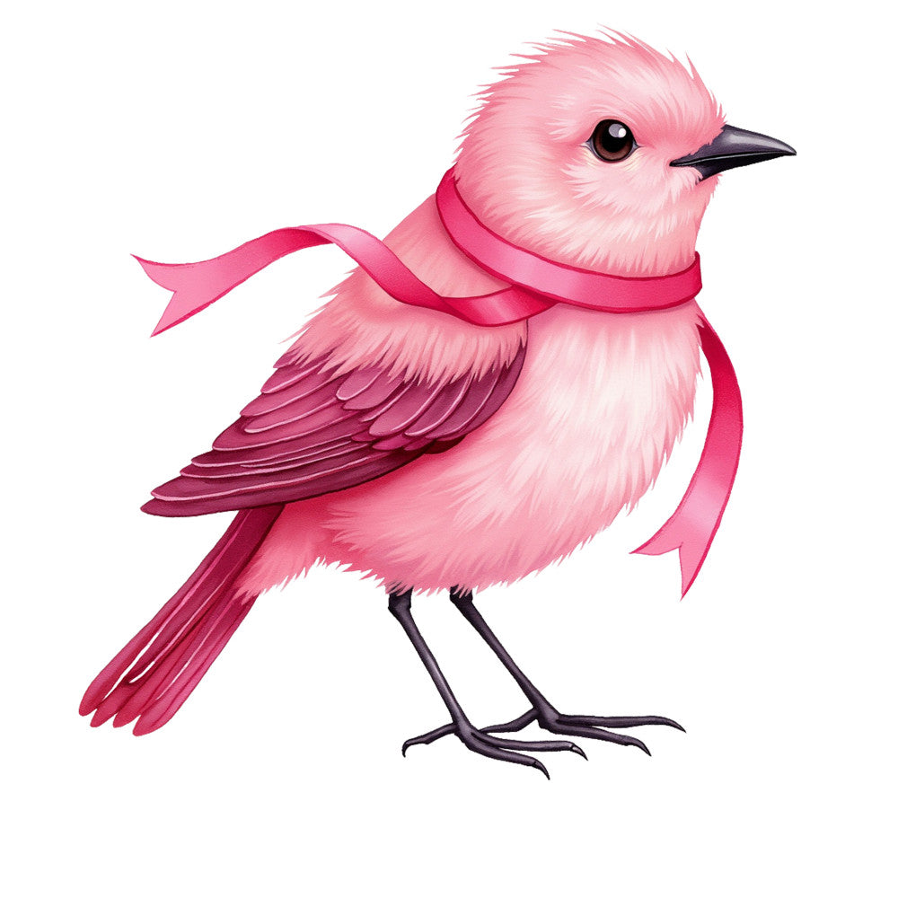 pink bird, breast cancer awareness, ribbon scarf, soft pink, rose pink, magenta, fluffy feathers, cute illustration, small songbird, charity theme, fabric panel, quilting cotton, health awareness, supportive message, pastel colors, crested bird, decorative ribbon, whimsical art style, hope symbol