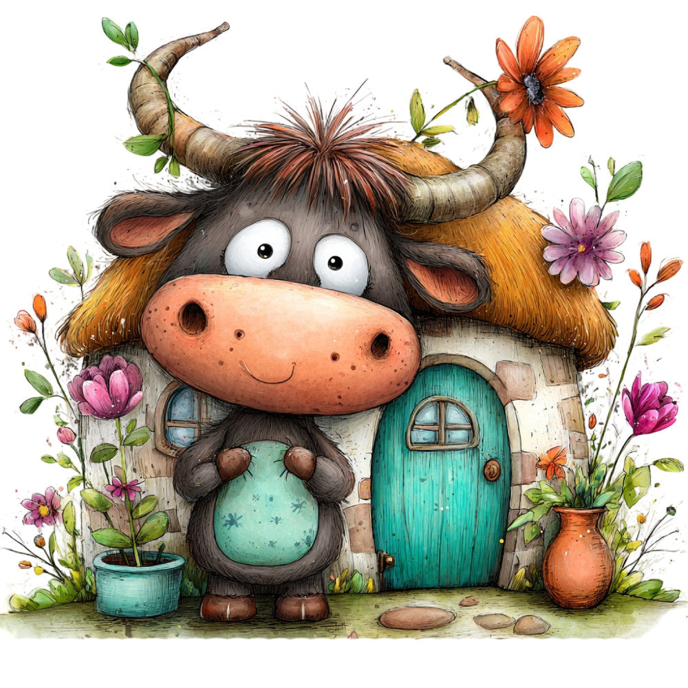 whimsical bull, cute cow character, farmhouse animals, floral botanical, turquoise green, coral orange, dusty pink, cream white, nature theme, cottage core, children's illustration, playful characters, garden flowers, spring flowers, summer blooms, rustic charm, storybook style, folk art, animal friends, daisy flowers, decorative potted plants, cozy home, whimsical woodland, vibrant flora, cheerful design, kid-friendly, nursery decor, wall hanging, decorative panel, illustrated animals