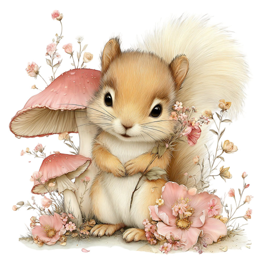 cute squirrel, woodland animals, forest creatures, floral, pink flowers, wildflowers, mushrooms, nature, whimsical, fantasy, children's, baby, spring, pastel colors, blush pink, cream, tan, brown, soft colors, delicate, botanical, garden, sweet, charming, illustration art, storybook, nursery, fairytale