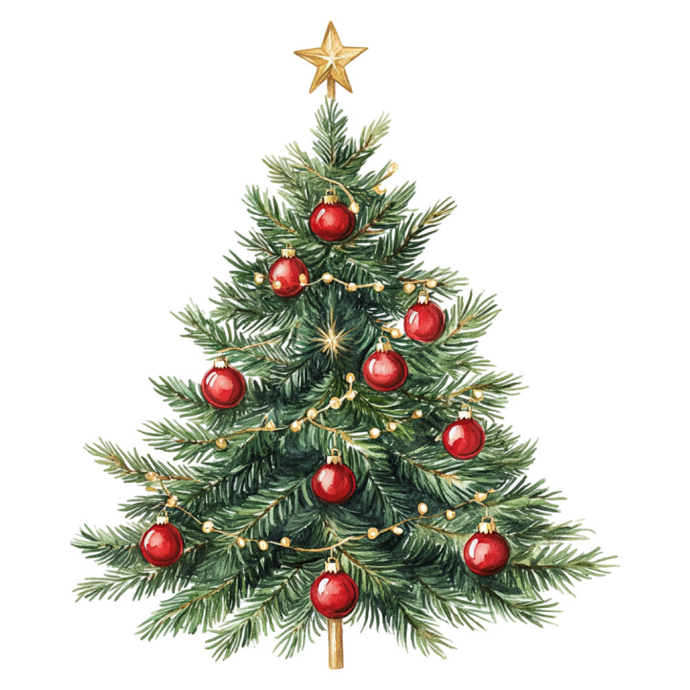christmas tree, holiday, festive, red ornaments, gold star, gold beads, evergreen, forest green, deep red, ruby red, traditional, elegant, seasonal, christmas, winter, decorative, tree topper star, baubles, garland, classic holiday, festive decoration, red and green, gold accents, vintage holiday, yuletide, wall hanging, tree motif, holiday themed, timeless, nostalgic