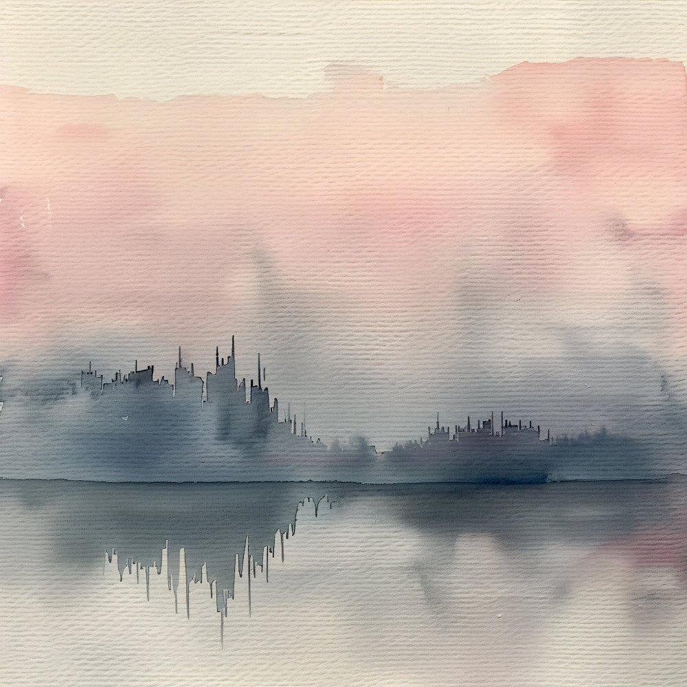 watercolor cityscape, misty urban, blurred architecture, soft pink sky, dusty blue, muted tones, impressionist, abstract landscape, modern art, cityscape silhouette, foggy morning, twilight, serene, calming, peaceful, nature-inspired, contemporary, elegant, subtle, monochromatic, dusk, atmospheric, minimalist, neutral palette, soft focus, reflective water, skyline, wall art, home decor, artistic print
