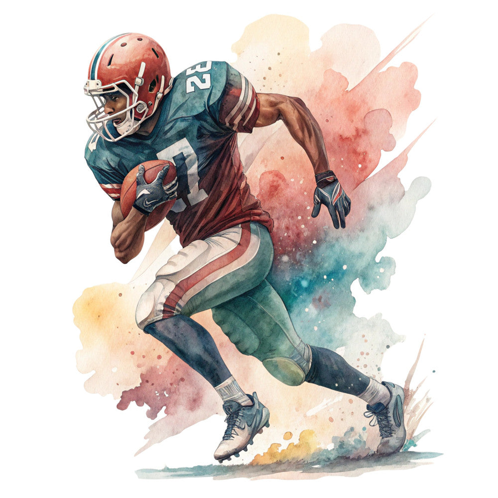 football, sports, athletic, watercolor, abstract, rust red, burgundy, teal blue, dusty teal, cream, soft colors, painted effect, splatter, watercolor splash, sports player, action pose, dynamic movement, modern, contemporary, artistic, masculine, sports themed, number 2, helmet, football uniform, striped, pastel tones, blended colors, impressionistic