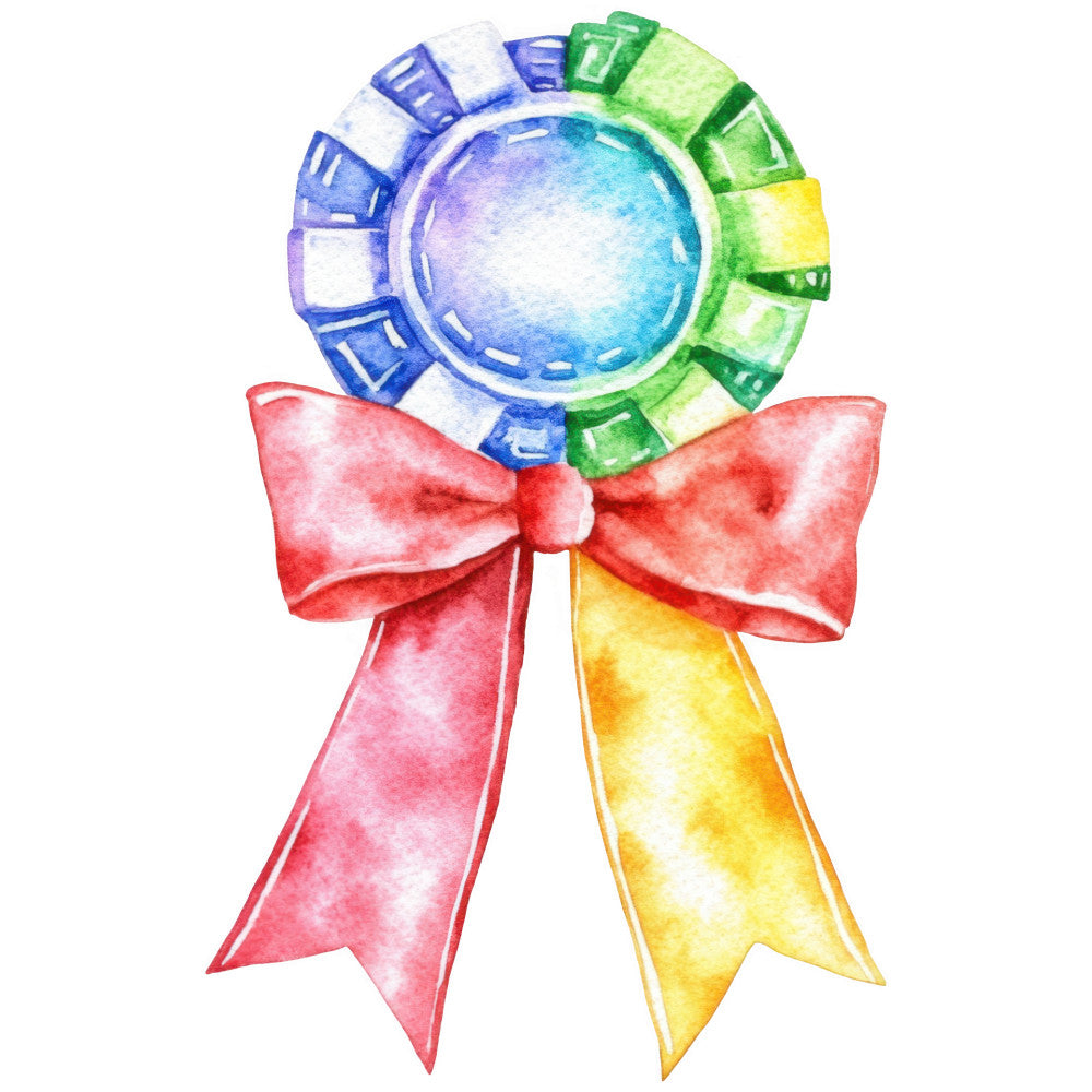 watercolor, bingo chip, casino, gaming, red ribbon, yellow ribbon, blue, green, purple, turquoise, gradient colors, award ribbon, prize medal, fabric panel, quilting cotton, gambling theme, rainbow colors, circular design, bow tie, entertainment motif