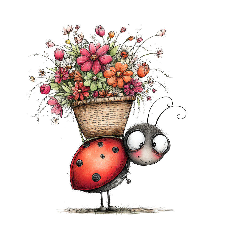 ladybug, whimsical, flowers, floral, spring, summer, nature, animals, insects, cute, charming, coral pink, red, orange, green, cream, basket, bouquet, garden, cheerful, playful, children's, kid-friendly, botanical, cottage core, folk art, illustrated, character, rustic, colorful