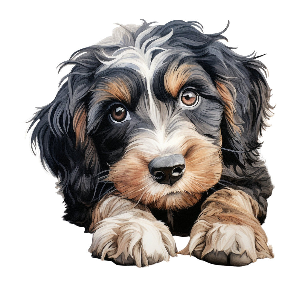 dog, spaniel, puppy, cute animals, pet portrait, black and tan, tricolor, white, cream, tan, brown, charcoal gray, animal lover, dog breeds, adorable, whimsical, friendly, companion animals, pet themed, illustration style, realistic, detailed, expressive eyes, playful, children's design, animal illustration, dog lover gift, family friendly, heartwarming, nursery decor