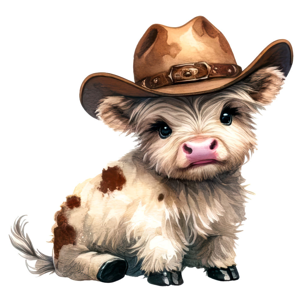cowboy cow, highland cattle, western theme, farm animals, whimsical animals, cute cow, brown and cream, tan and white, pink nose, cowboy hat, rustic farmhouse, country style, animal illustration, quirky animals, humorous animals, children's theme, baby quilt, nursery decor, folk art style, charming animals, cottage core, pastoral theme, livestock, novelty print, character fabric, decorative panel, playful design