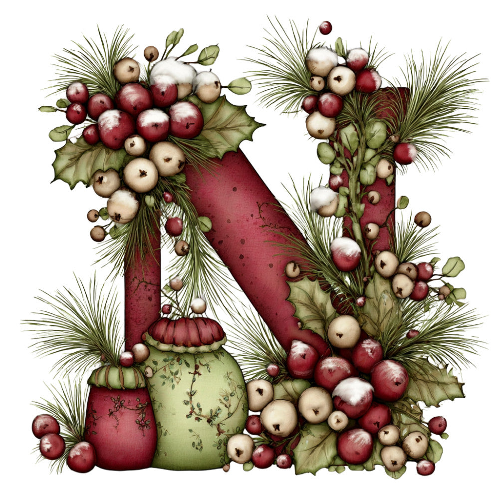 burgundy, cream, sage green, holiday, christmas, festive, winter, botanical, berries, pine needles, holly leaves, evergreen, traditional, vintage, elegant, nature, decorative letters, monogram, rustic, whimsical, apples, ornaments, festive foliage, red berries, natural elements, seasonal, heritage, classic, ornamental, tidings