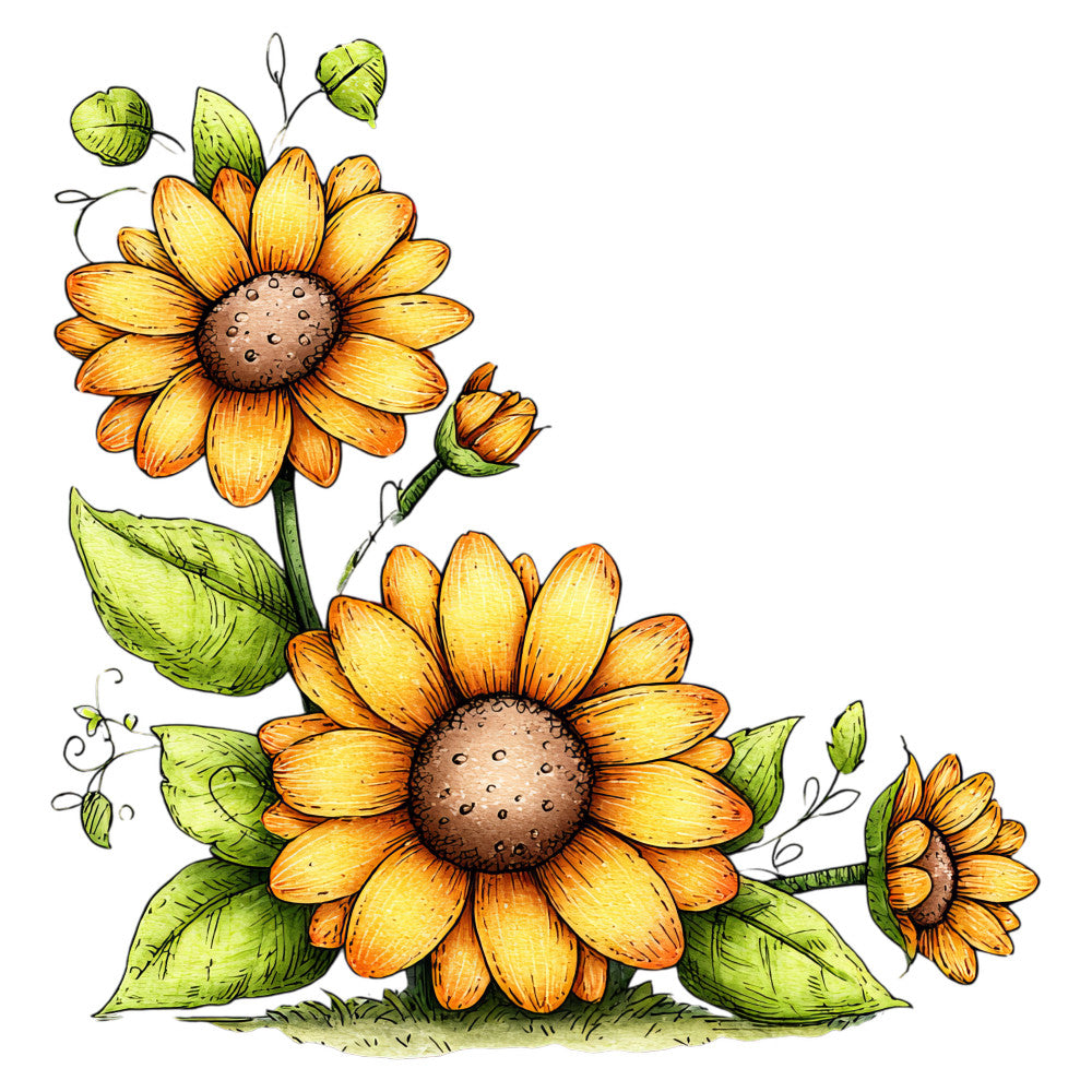 sunflower, golden yellow, burnt orange, sage green, brown, floral, botanical, nature, summer, autumn, whimsical, vintage, farmhouse, rustic, hand-drawn, illustrated, cheerful, garden, wildflower, leaves, stems, tendrils, bee-friendly, naturalistic, folk art, cottage core, country style, warm tones, detailed illustration