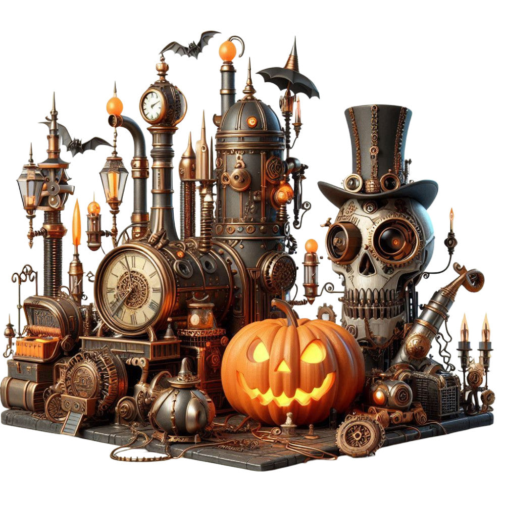 steampunk, halloween, pumpkin, jack-o-lantern, skull, bronze, copper, brass, gold, orange, black, grey, victorian, industrial, vintage, gothic, spooky, mechanical, gears, clockwork, bats, haunted, autumn, fall, holiday, dark fantasy, ornate, decorative, wall hanging