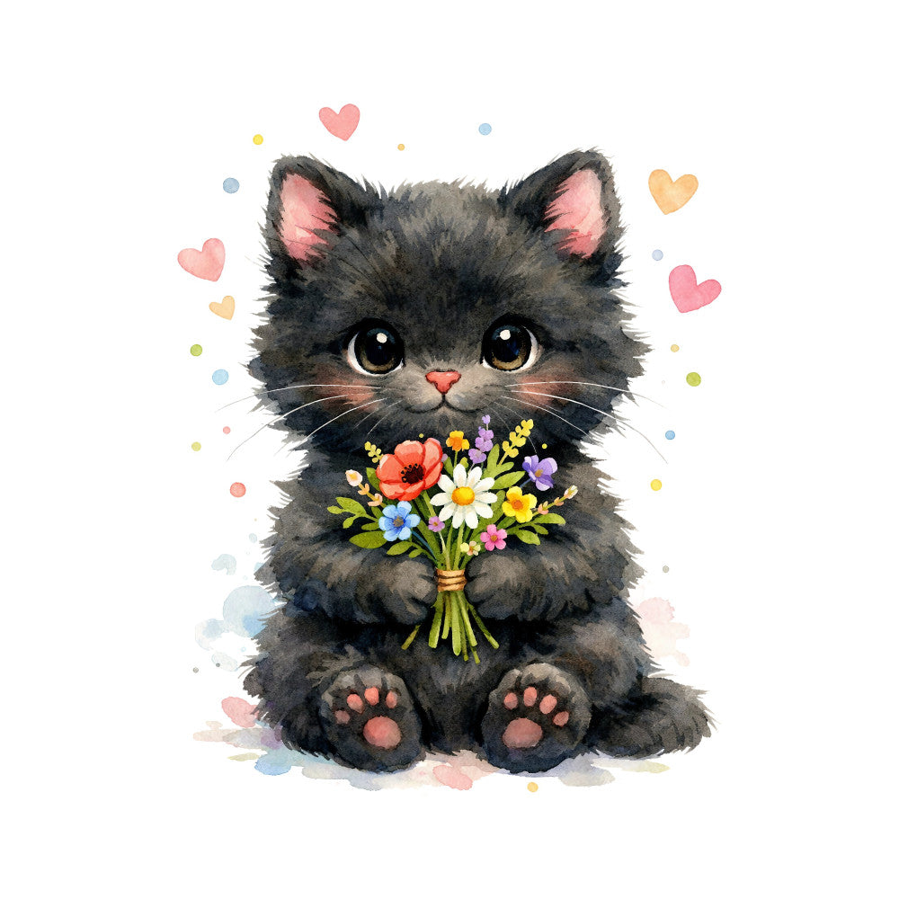 cute kitten, fluffy cat, gray cat, charcoal gray, soft pink, coral pink, golden yellow, pastel colors, floral, wildflower bouquet, hearts, whimsical, adorable, sweet, children's, baby, playful, nature-inspired, spring, summer, animal theme, cat lover, feminine, delicate, watercolor style, illustration, decorative, nurturing theme, gift fabric, girls' quilts