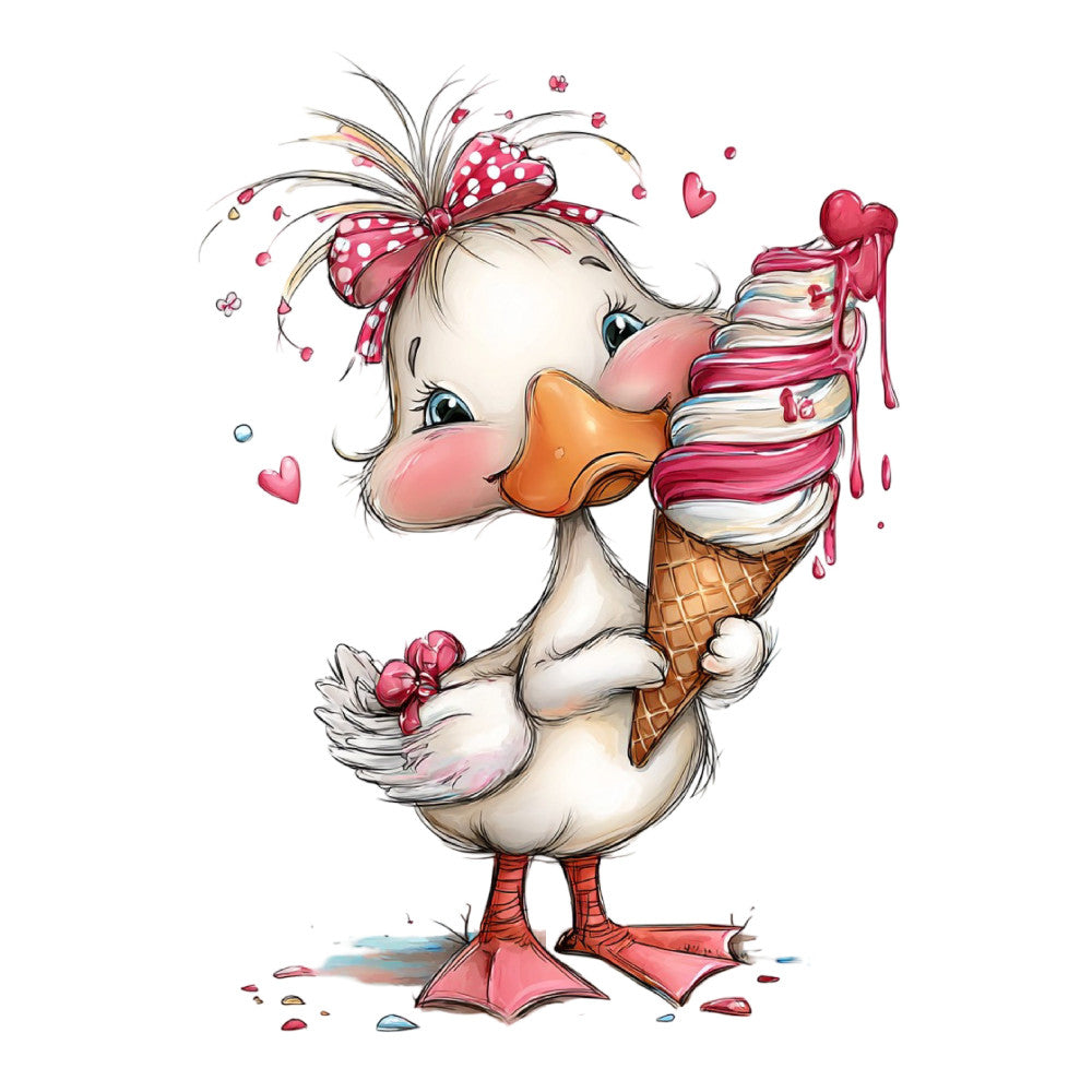 cute duck, whimsical, ice cream cone, pink, coral, cream white, polka dots, hearts, children's, nursery, baby, playful, sweet, dessert theme, animal characters, girls, feminine, spring, summer, pastoral, cheerful, colorful, bow ribbon, decorative, illustrated, cartoon style, food theme