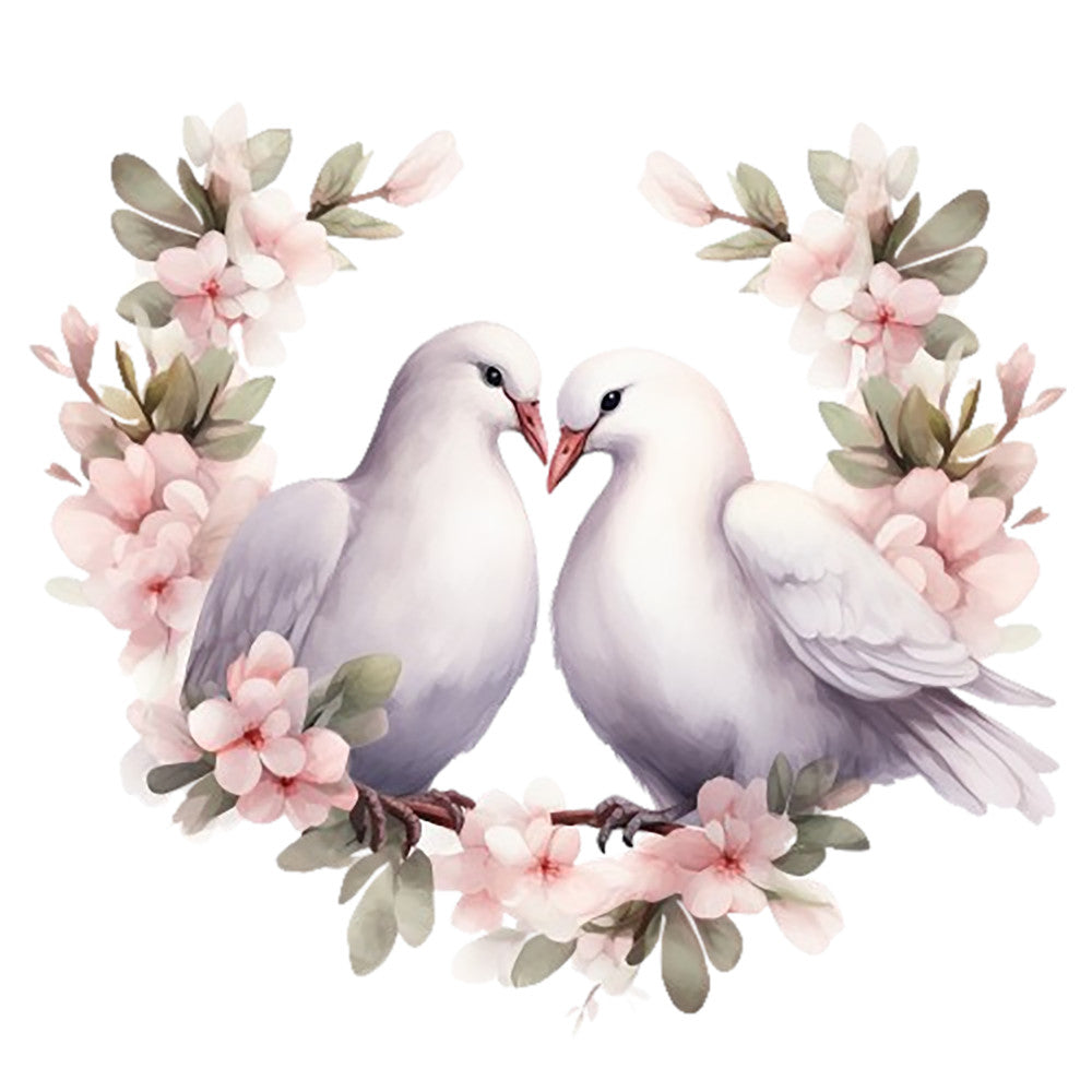Spring White Doves Fabric Panel 13 featuring two white doves surrounded by delicate pink blossoms and green leaves on premium quilting cotton.