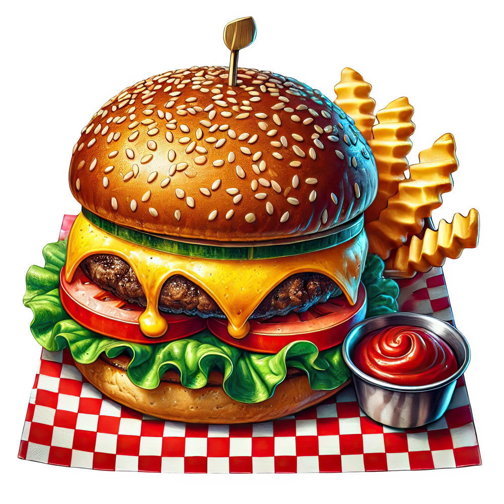burger, fast food, food theme, french fries, sesame seed, checkered, red and white, gingham, gold, yellow, cheese, lettuce, tomato, whimsical, playful, fun, novelty, kitchen, foodie, restaurant, diner, retro, casual, vibrant, colorful, children's, kids, illustrated, graphic, ketchup
