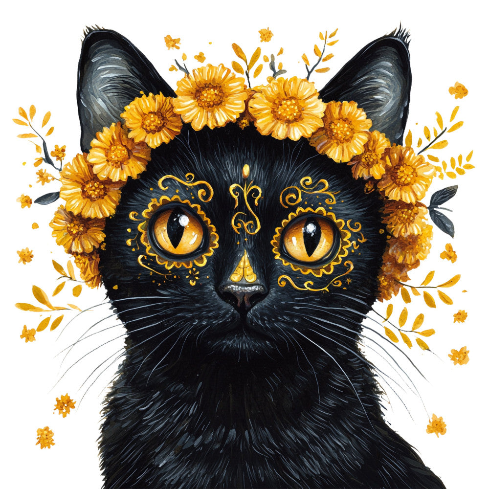 black cat, golden yellow, mustard yellow, sunflowers, daisies, floral, celestial, mystical, witchy, bohemian, whimsical, cat face, cat eyes, decorative eyes, ornamental, moon eyes, cat portrait, animal, nature, autumn, fall, gold accents, magical, enchanted, folkloric, artistic, illustration style, cat lover, pet themed