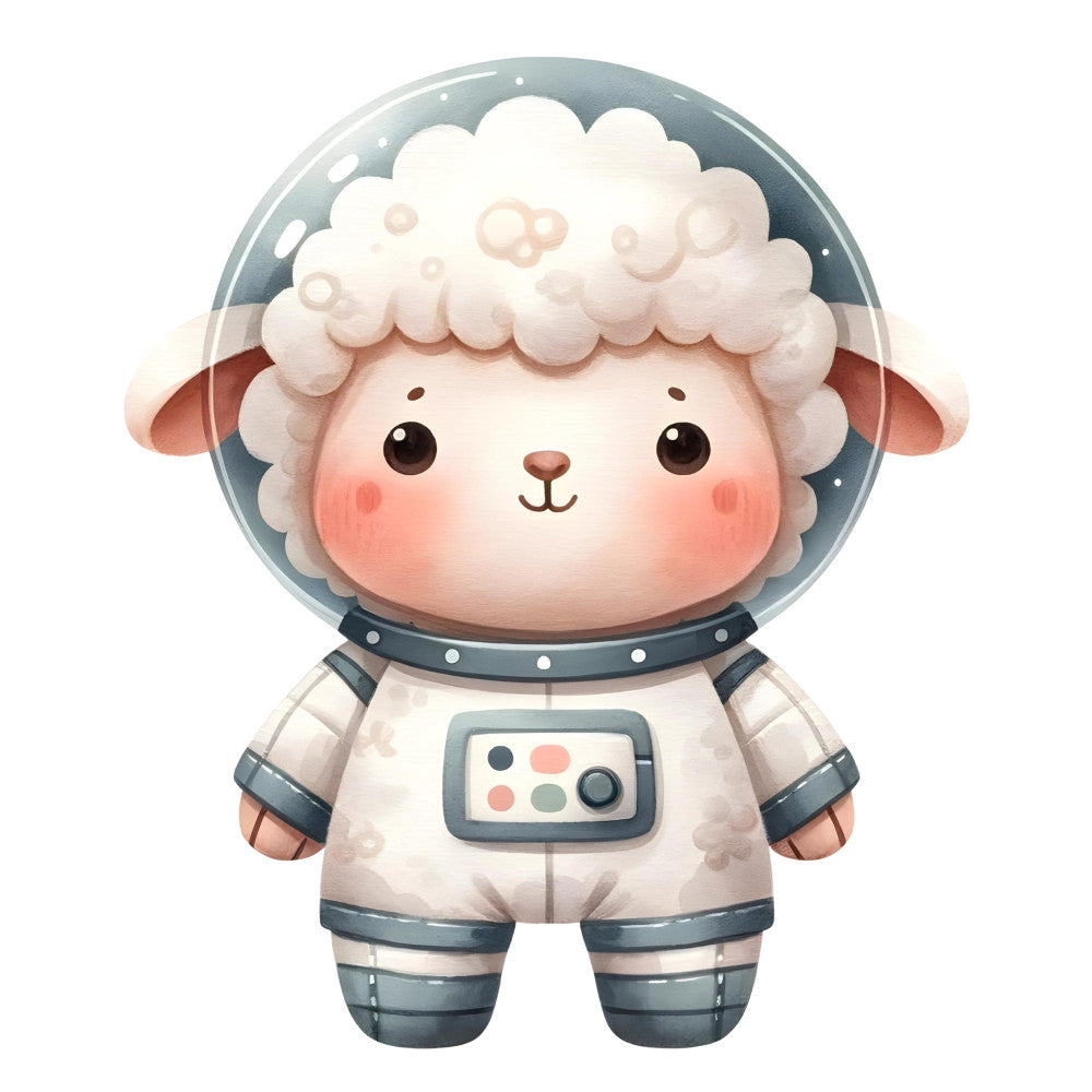 cute sheep astronaut, space theme, nursery, baby quilt, whimsical, soft pastel, cream white, dusty blue, coral pink, blush pink, gray blue, animal character, cartoonish, modern illustration, children's fabric, gender neutral, sweet design, playful, wall hanging, baby bedding, celestial, helmet, space suit, fluffy wool, gentle colors, adorable, kawaii style, celestial theme, young children