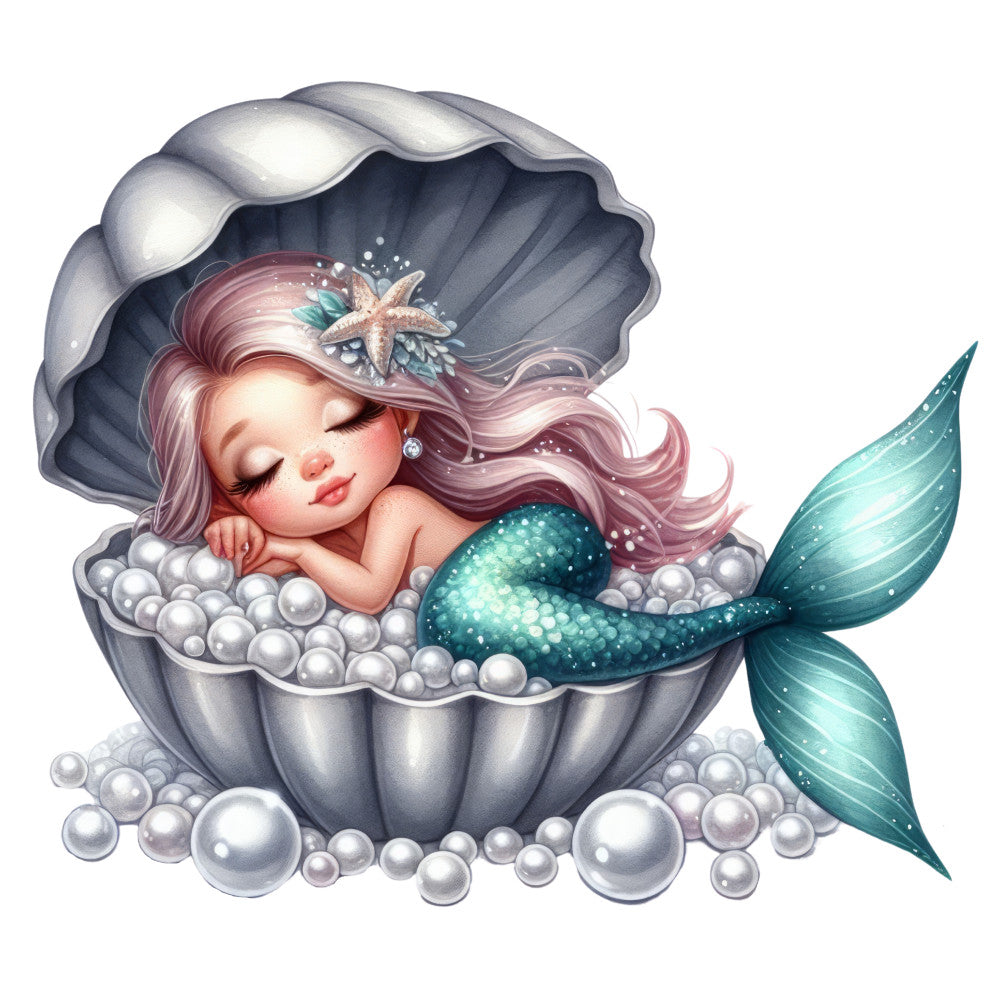 sleeping mermaid, fabric panel, aqua tail, pink hair, giant shell, white pearls, starfish crown, ocean themed, whimsical art, turquoise scales, gray shell, fantasy character, nautical design, sea creature, cotton panel, quilting fabric, children's motif, magical scene, underwater theme, soft pastels