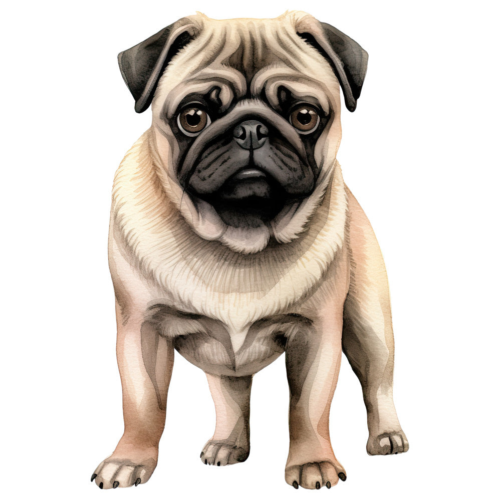 Watercolor Pug Fabric Panel 24 featuring a detailed pug illustration printed on premium 100% quilting cotton, made in USA.