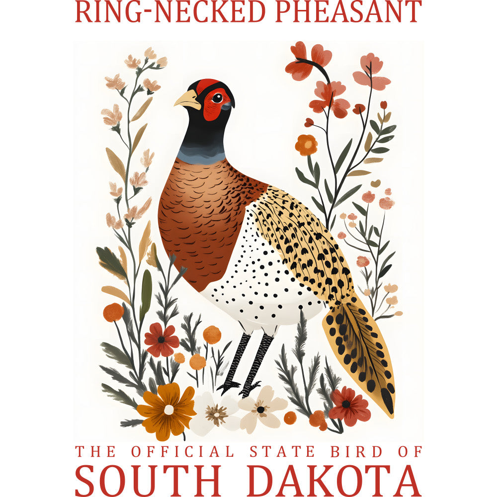ring-necked pheasant, state bird, south dakota, bird illustration, botanical florals, rust orange, deep red, cream white, black accents, golden yellow, nature motif, wildlife art, decorative panel, folk art style, autumn colors, feather details, wildflowers, fabric panel, quilting cotton, artisan design