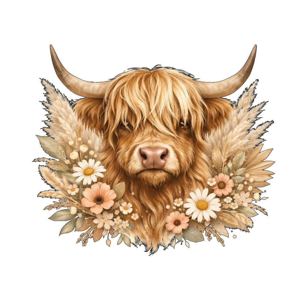 highland cattle, brown, tan, cream, beige, gold, floral, botanical, daisies, wildflowers, pampas grass, dried flowers, rustic, farmhouse, country, bohemian, whimsical, nature, animals, cattle, horns, long horns, folk art, cottage core, pastoral, autumn, harvest, neutral tones, earthy, wall hanging