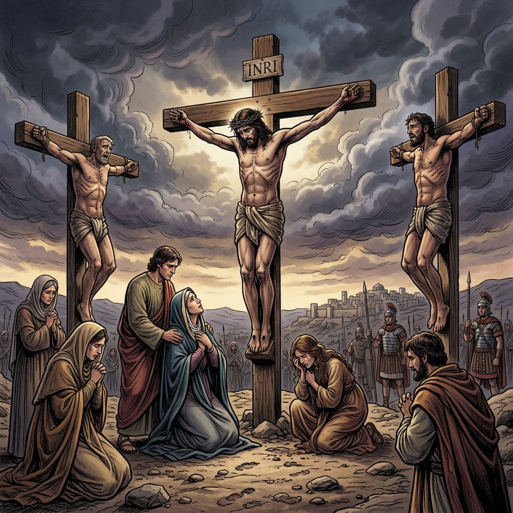 religious, crucifixion, jesus christ, christian, spiritual, faith, biblical, easter, resurrection, crosses, historical, dramatic, landscape, dark clouds, beige, tan, cream, gold, bronze, gray, charcoal, muted tones, traditional, reverent, solemn, inspirational, nativity, religious imagery, devotional