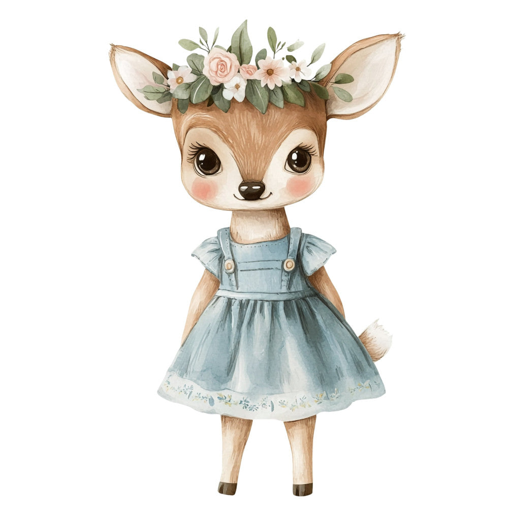 cute deer, fawn, woodland animals, flower crown, floral headpiece, sage green, dusty blue, blush pink, cream, soft pastels, whimsical, sweet, children's, baby, nursery, forest friends, nature, spring, summer, girl, feminine, gentle, storybook, illustrated, character, dress-wearing animal, decorative panel, wall art, baby quilt, children's apparel