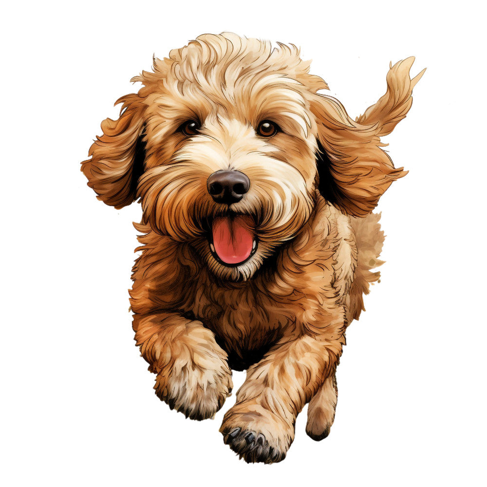 adorable dog, golden retriever, doodle dog, happy puppy, cheerful animal, warm brown, tan, cream, apricot, animal portrait, dog lover, pet themed, whimsical, playful, cute, friendly, dog breeds, labradoodle, goldendoodle, curly haired dog, tongue out, smiling dog, pet quilt, dog lover gift, animal panels, children's theme, nursery, fun prints, dog panels