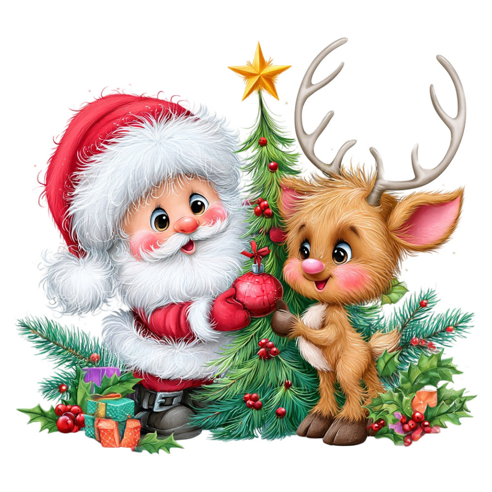 santa claus, reindeer, christmas, holiday, red and white, forest green, gold star, festive, whimsical, cheerful, cute characters, vintage style, traditional christmas, jolly, decorative panel, gift boxes, ornaments, holly berries, pine branches, winter, seasonal, children's, playful, retro illustration, classic christmas, warm colors, nostalgic, family friendly, decorative art