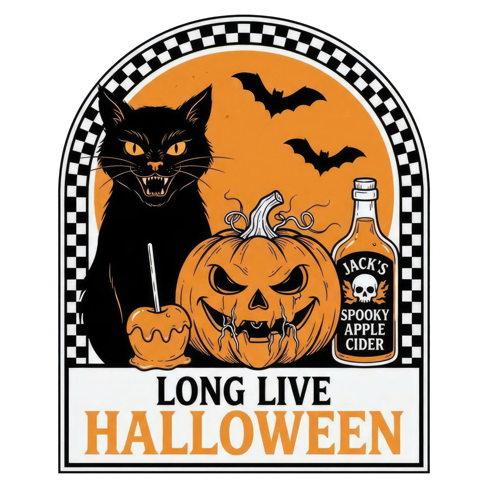 halloween, black cat, jack-o-lantern, pumpkin, bats, orange, black, spooky, autumn, fall, holiday, candy apple, cider bottle, horror, gothic, trick-or-treat, festive, seasonal, whimsical, dark, creepy, witchy, haunted, checkered border, vintage halloween, retro style, novelty print, party theme, decorative panel, wall hanging