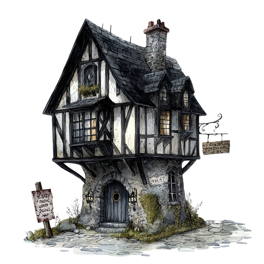 haunted house, gothic, black and white, cream, gray, stone, fantasy, whimsical, storybook, fairytale, cottage core, vintage, dark academia, spooky, witch house, tower, architecture, building, moss, weathered, illustration, children's, magical, enchanted, creepy, moody, illustration art, novelty, halloween, dark whimsical