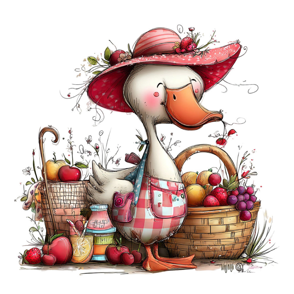 cream, coral orange, burgundy red, forest green, dusty rose, gingham plaid, floral, whimsical, farmhouse, vintage, goose, duck, birds, apples, berries, grapes, baskets, picnic, country, rustic, harvest, autumn, spring, folk art, cottage core, nature, garden, fruit, decorative, charming