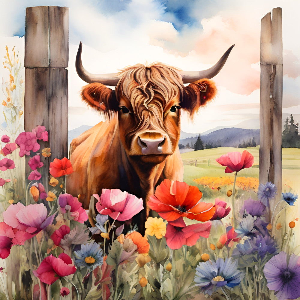 highland cattle, rustic farmhouse, wildflower, bull, cattle, long horns, colorful flowers, pastoral landscape, mountain scenery, spring flowers, summer meadow, vibrant colors, warm tones, golden brown, coral pink, hot pink, magenta, purple blue, yellow, cottage core, whimsical animals, nature themed, countryside, folk art style, traditional pastoral, garden scene, decorative panel, wall art, home decor, botanical floral