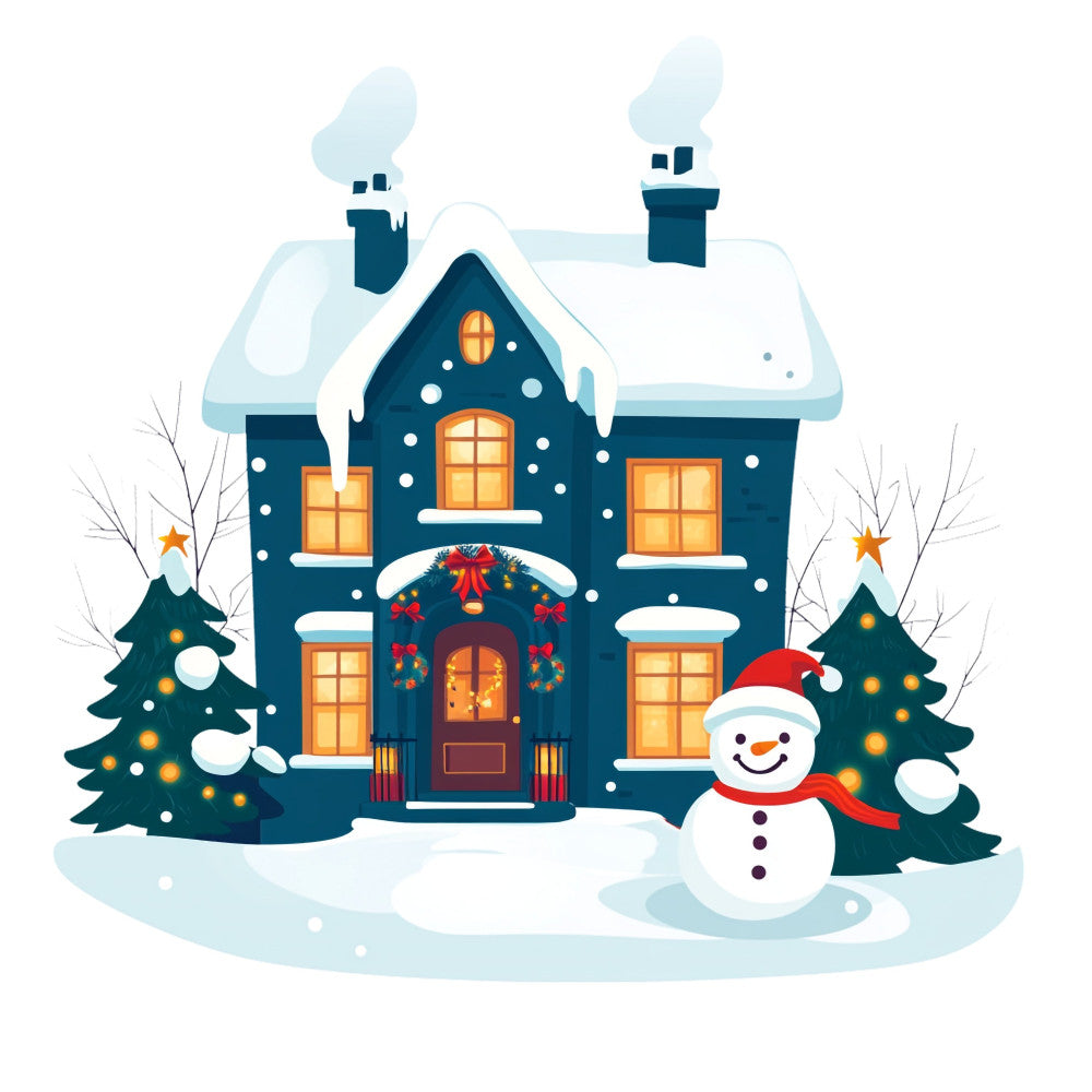 winter, christmas, holiday, snow, snowman, house, cottage, festive, navy blue, dark blue, forest green, white, gold, orange, red, traditional, whimsical, cozy, chimney, wreath, star, evergreen trees, snowy landscape, winter scene, seasonal, christmas decoration, home decor, illuminated windows, vintage holiday