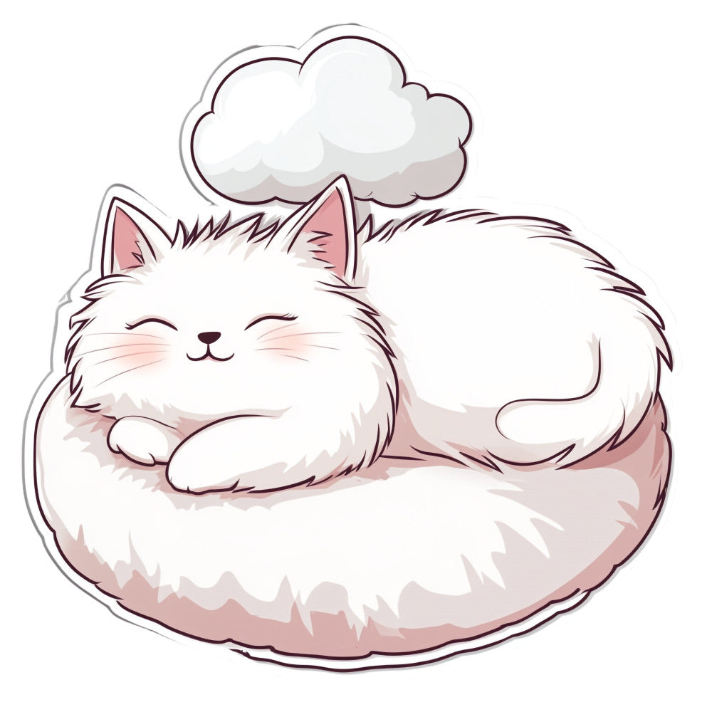 white cat, fluffy cat, sleeping cat, cute cat, animal, cloud, dreamy, whimsical, soft, pastel pink, blush pink, dusty rose, white, gray, kawaii, child-friendly, baby, nursery, cozy, comfort, peaceful, serene, fantasy, illustration, cartoon style, playful, sweet, gentle, fairy tale