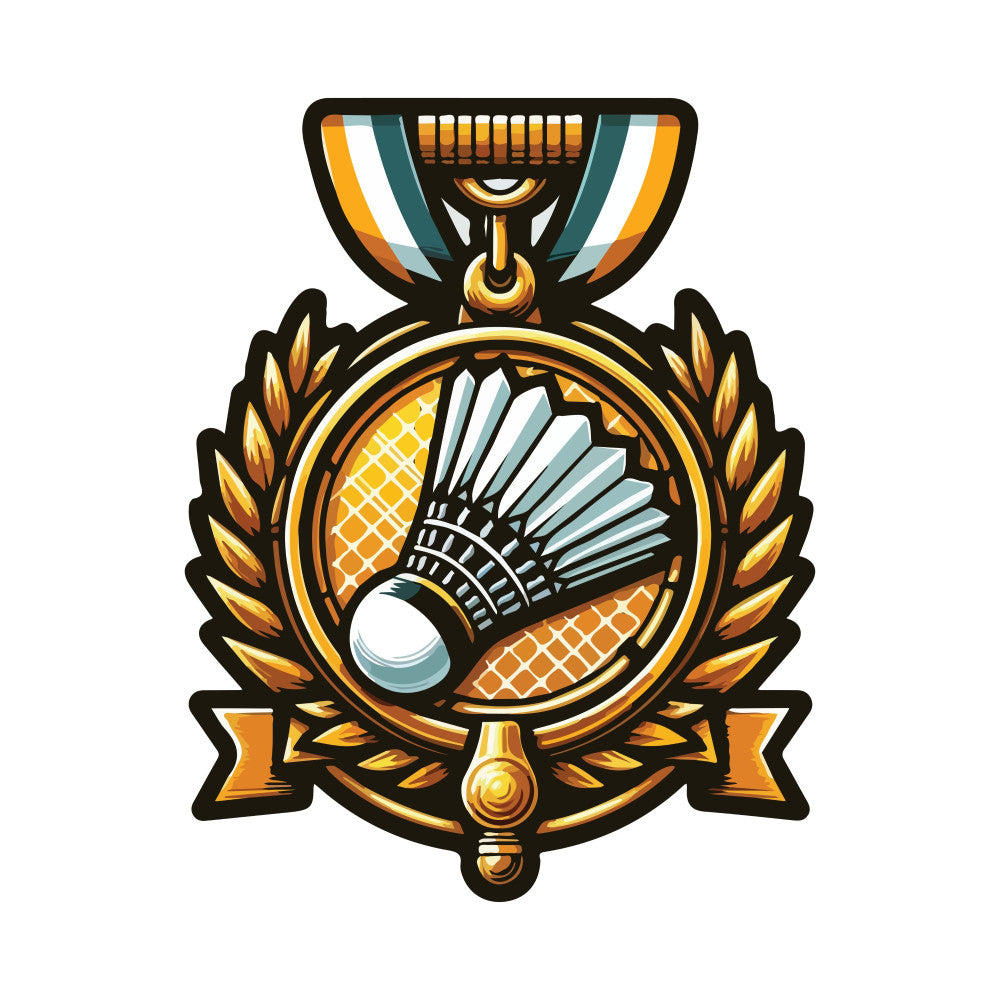 badminton, sports, gold, orange, cream white, teal, geometric, medallion, laurel wreath, ribbon banner, athletic, trophy, achievement, award, victory, vintage, elegant, retro, art deco, bronze, circular, symmetrical, feathered shuttlecock, competition, games, recreational sports, timeless, decorative, classic