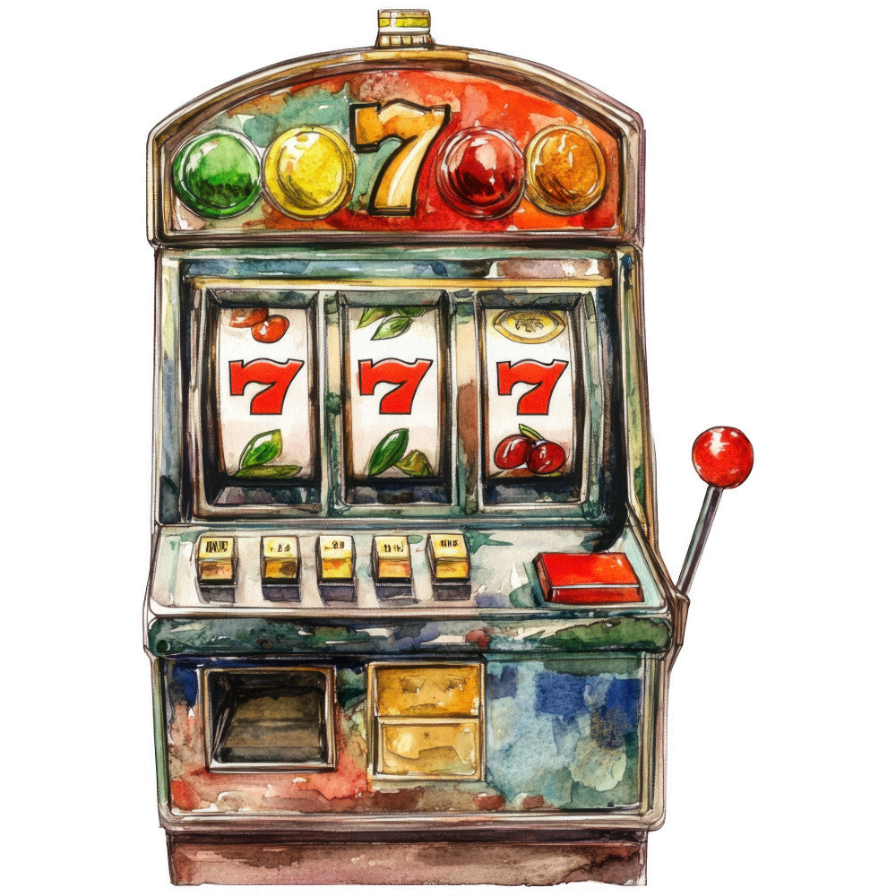 watercolor art, slot machine, casino theme, gambling motif, red sevens, jackpot symbols, green spheres, yellow orbs, orange lights, cherry symbols, lemon icons, fruit motifs, gaming equipment, lever handle, coin slot, fabric panel, quilting cotton, vintage style, retro gaming, lucky sevens