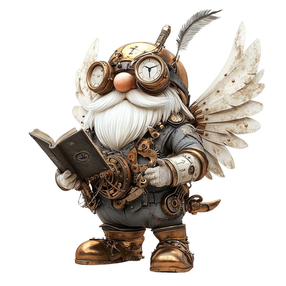 steampunk gnome, mechanical wings, brass goggles, white beard, copper tones, bronze colors, clockwork gears, vintage timepieces, fantasy character, industrial design, fabric panel, quilting cotton, steampunk aesthetic, mechanical details, whimsical gnome, brass accents, leather boots, pocket watch, feathered wings, victorian inspired