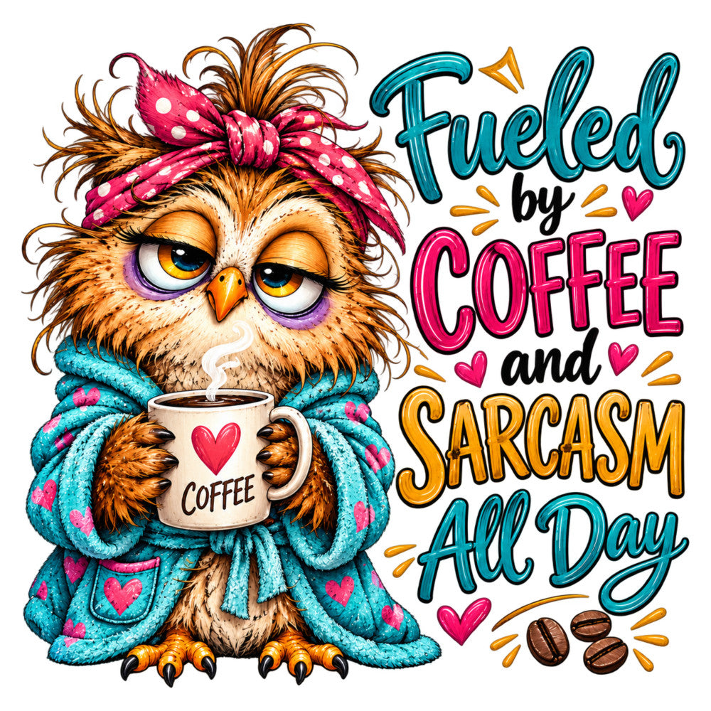 coffee lover, fueled by coffee, sarcasm, owl, whimsical, humorous, funny, teal blue, hot pink, magenta, golden yellow, burnt orange, cream, heart motifs, coffee cup, coffee beans, bandana headwrap, cozy, modern, playful, quote text, typography, animal theme, novelty, casual style, everyday wear, gifts for coffee drinkers, humor design