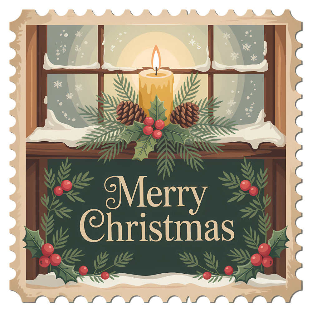 Vintage Christmas Stamps Fabric Panel 6 featuring a candle, pinecones, holly, and snow on a window with Merry Christmas text.
