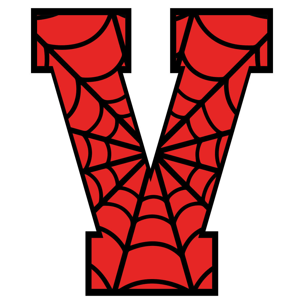 red fabric, black outlines, spider web pattern, letter v, alphabet design, superhero theme, comic book style, quilting panel, cotton fabric, geometric web, arachnid motif, craft supplies, sewing material, applique design, vibrant red, web lines, angular design, fabric letters, superhero colors