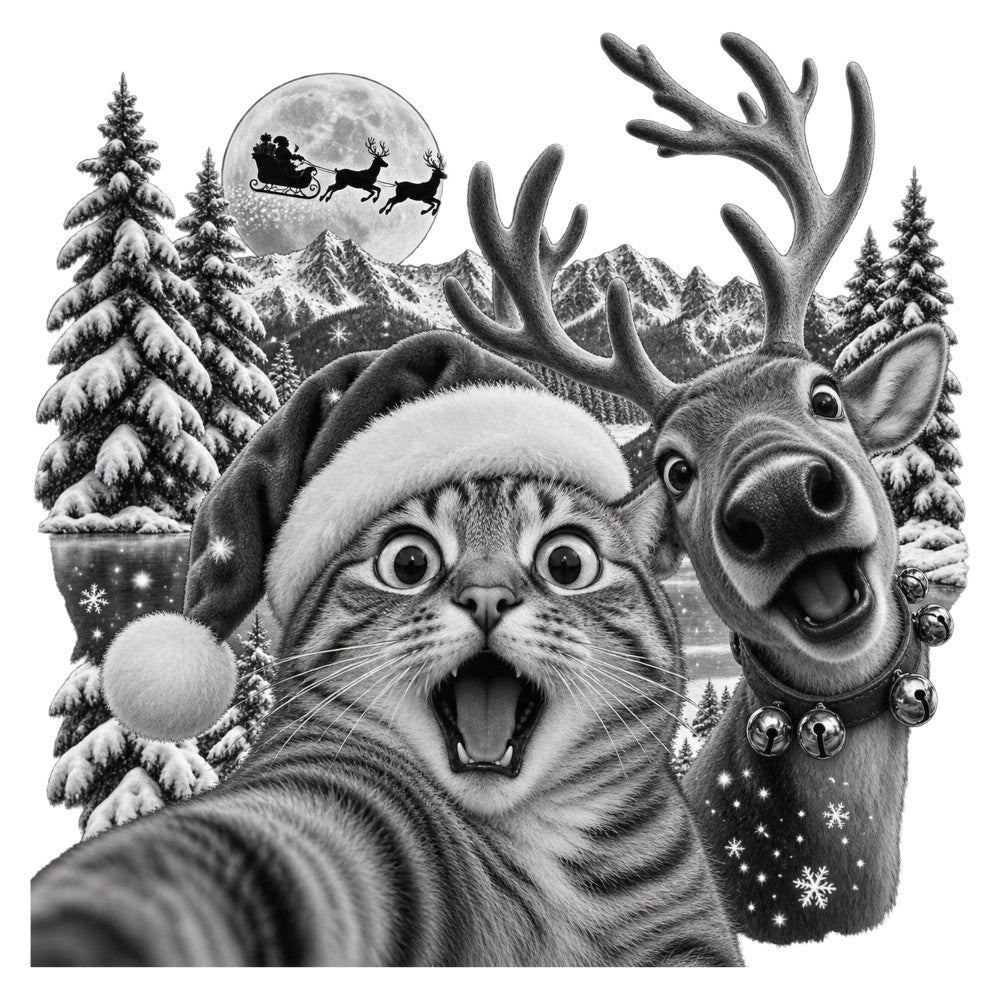 black and white, grayscale, winter, christmas, holiday, animals, reindeer, cat, whimsical, playful, humorous, festive, snow, mountains, evergreen trees, pine trees, sleigh, moon, santa, bells, snowflakes, fun, cheerful, cute, quirky, seasonal, december, magical, enchanted