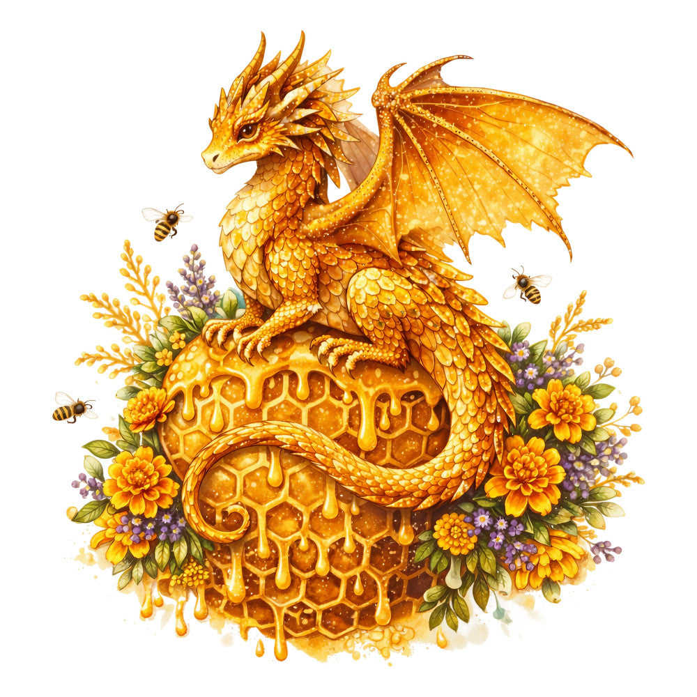 gold dragon, honey gold, amber yellow, deep gold, honeycomb, bees, flowers, floral, nature, fantasy, whimsical, magical, celestial, elegant, golden yellow, bright yellow, warm colors, insects, botanical, dragoncore, medieval, fairy tale, autumn, summer, orange gold, yellow flowers, purple accents, detailed illustration, decorative panel, statement print