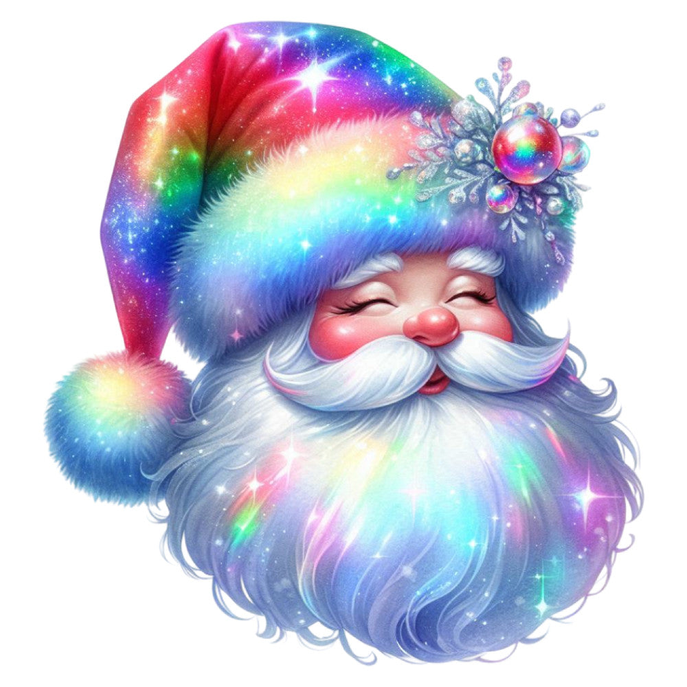 rainbow santa, multicolor santa, galaxy santa, celestial santa, holographic santa, sparkly santa, iridescent santa, whimsical santa, magical santa, christmas santa, holiday santa, festive santa, jolly santa, pastel rainbow, neon colors, cosmic theme, starry theme, aurora borealis, glitter effect, shimmering, luminous, prismatic, metallic accents, festive decoration, christmas decor, holiday character, whimsical style, fantasy theme, enchanted, playful design
