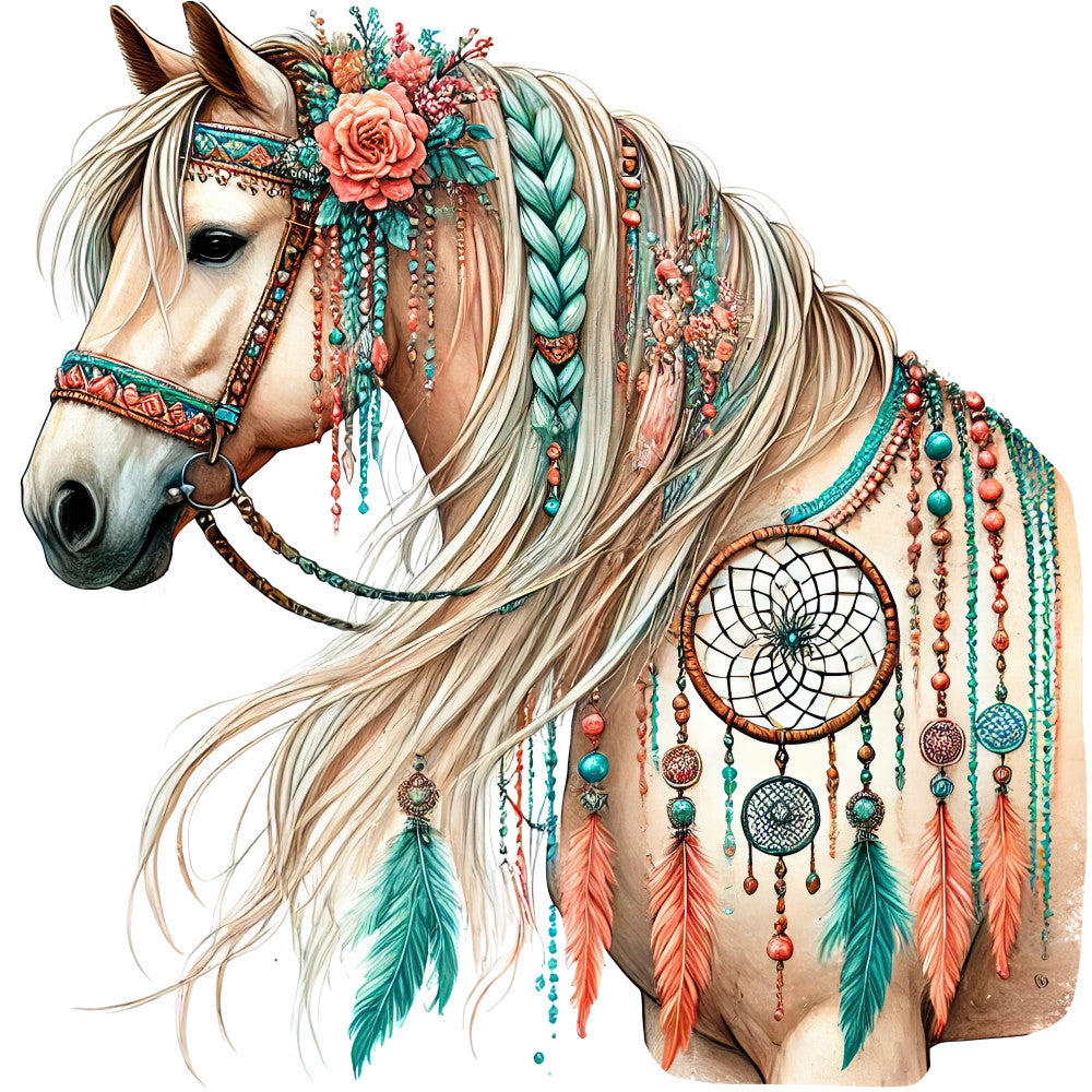 boho horse, fabric panel, dreamcatcher, feathers, floral crown, braided mane, coral pink, turquoise blue, beaded jewelry, native american inspired, bohemian style, watercolor art, equestrian theme, decorative bridle, flowing mane, southwestern colors, tribal patterns, spiritual symbols, artistic illustration, quilting cotton