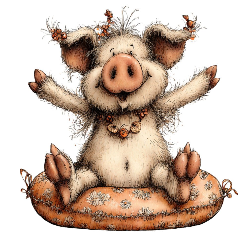 cute pig, farm animals, whimsical, farmhouse, country, cream, tan, rust, burnt orange, terracotta, brown, daisy flowers, floral, playful, children's, nursery, baby, animal character, pastoral, rustic, cheerful, folk art, cottage core, sitting pig, decorative panel, springtime, summer, nature inspired