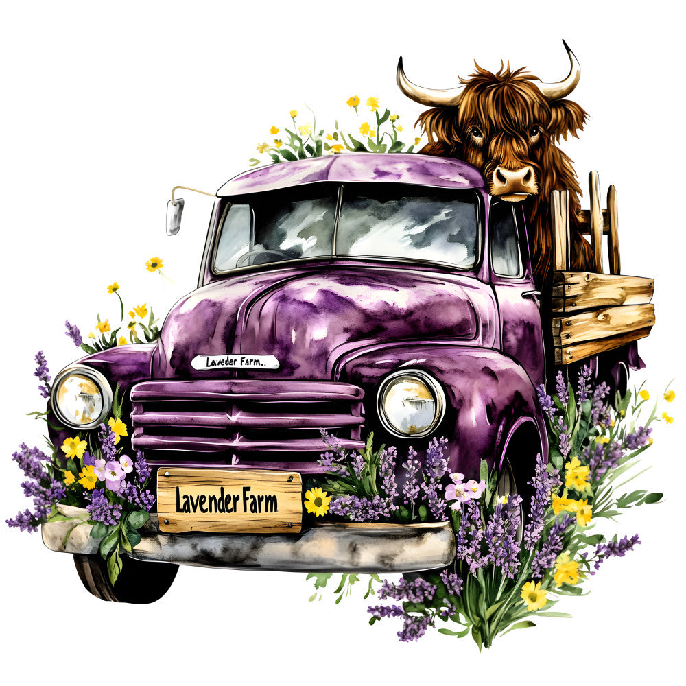 Highland Cows in Vintage Trucks Fabric Panel 4 featuring a vintage purple truck with flowers and a highland cow in the bed.