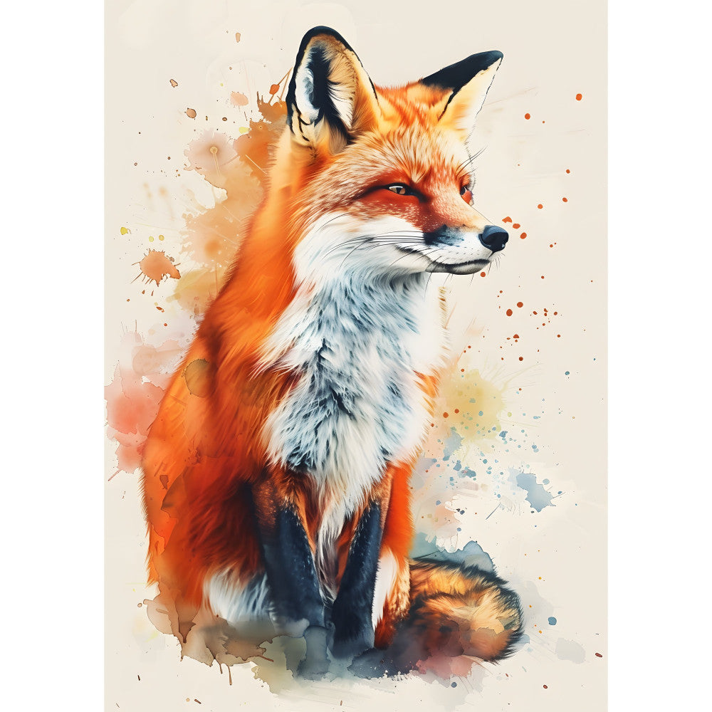 fox, watercolor, orange, rust, burnt orange, cream, white, navy blue, abstract, splatter, animals, wildlife, nature, whimsical, modern, artistic, ink wash, contemporary, forest animal, autumn, fall, woodland, elegant, portrait, decorative panel, wall art, home decor, boho, rustic modern