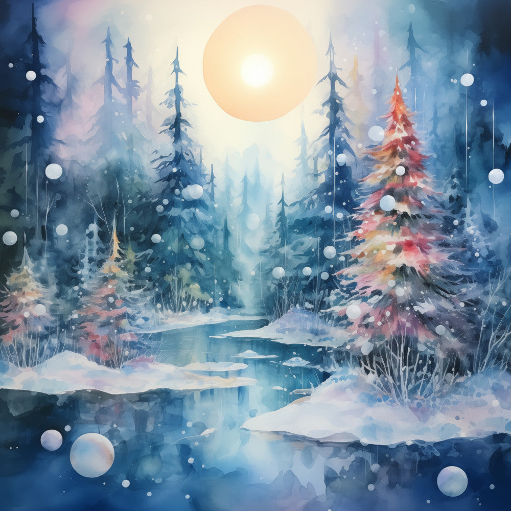 winter landscape, snowy forest, evergreen trees, frozen stream, holiday scene, christmas, winter solstice, full moon, moonlit night, soft focus, watercolor style, dreamy, whimsical, magical, festive, enchanted forest, pine trees, snow-covered trees, icy blue, soft white, cream, pale yellow, warm gold, rose pink, dusty mauve, cool tones, peaceful, serene, nature scene, seasonal