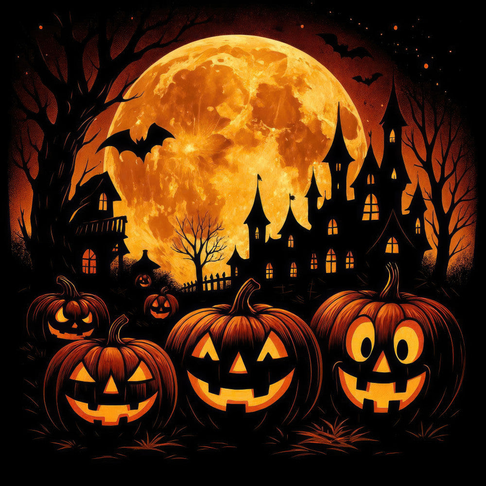 halloween, jack-o-lantern, pumpkins, haunted house, full moon, orange, black, golden yellow, spooky, festive, seasonal, autumn, fall, horror, gothic, creepy, bat, carved pumpkins, jack o lanterns, moonlit, night scene, trick or treat, costume, scary, witchy, dark orange, burnt orange, jack-o'-lantern faces, haunted castle, bare trees